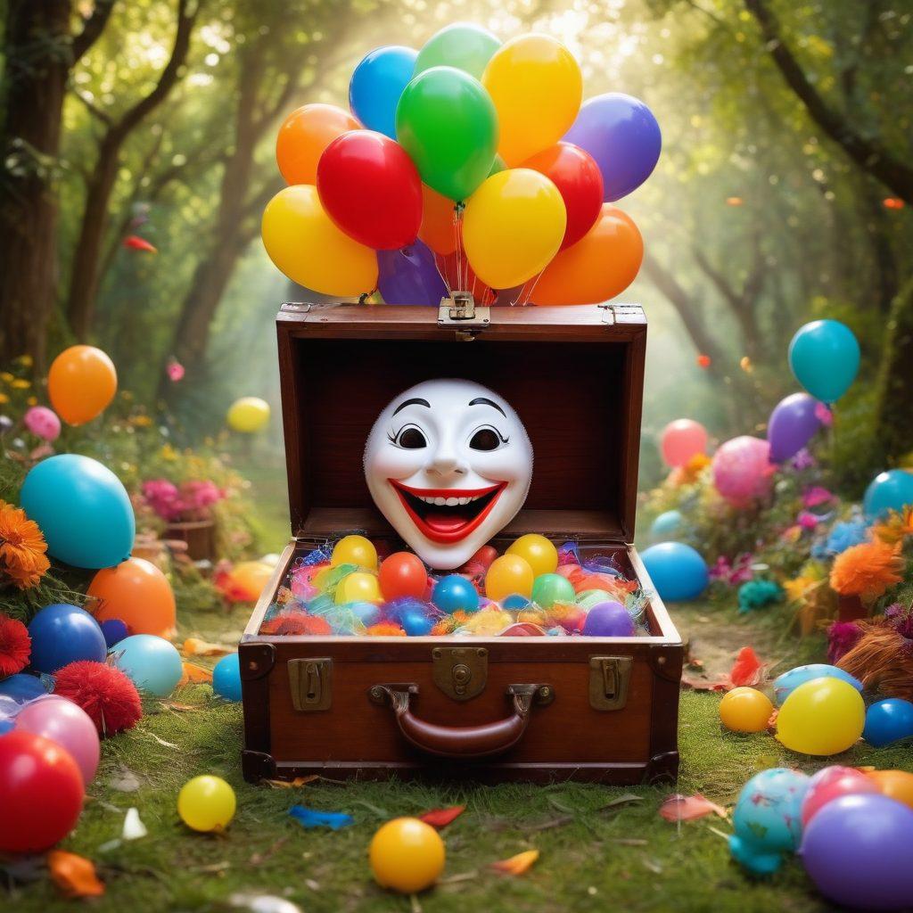 A whimsical treasure chest overflowing with colorful comedic props like joke books, funny masks, and humorous trinkets, surrounded by a vibrant landscape filled with laughing characters and playful elements. The scene radiates joy and mirth, inviting viewers into a world of laughter and delight. Bright, cheerful colors enhance the whimsical atmosphere. super-realistic. vibrant colors. playful style.