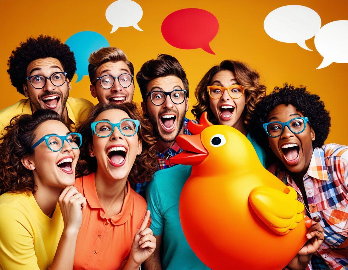 A whimsical scene depicting a group of diverse people laughing uproariously, surrounded by colorful comic-style speech bubbles filled with jokes and lighthearted phrases. Incorporate playful imagery of classic comedy elements like a whoopee cushion, oversized glasses, and a rubber chicken. The background should be bright and cheerful, evoking a sense of joy and laughter. vivid colors. cartoon style. playful composition.