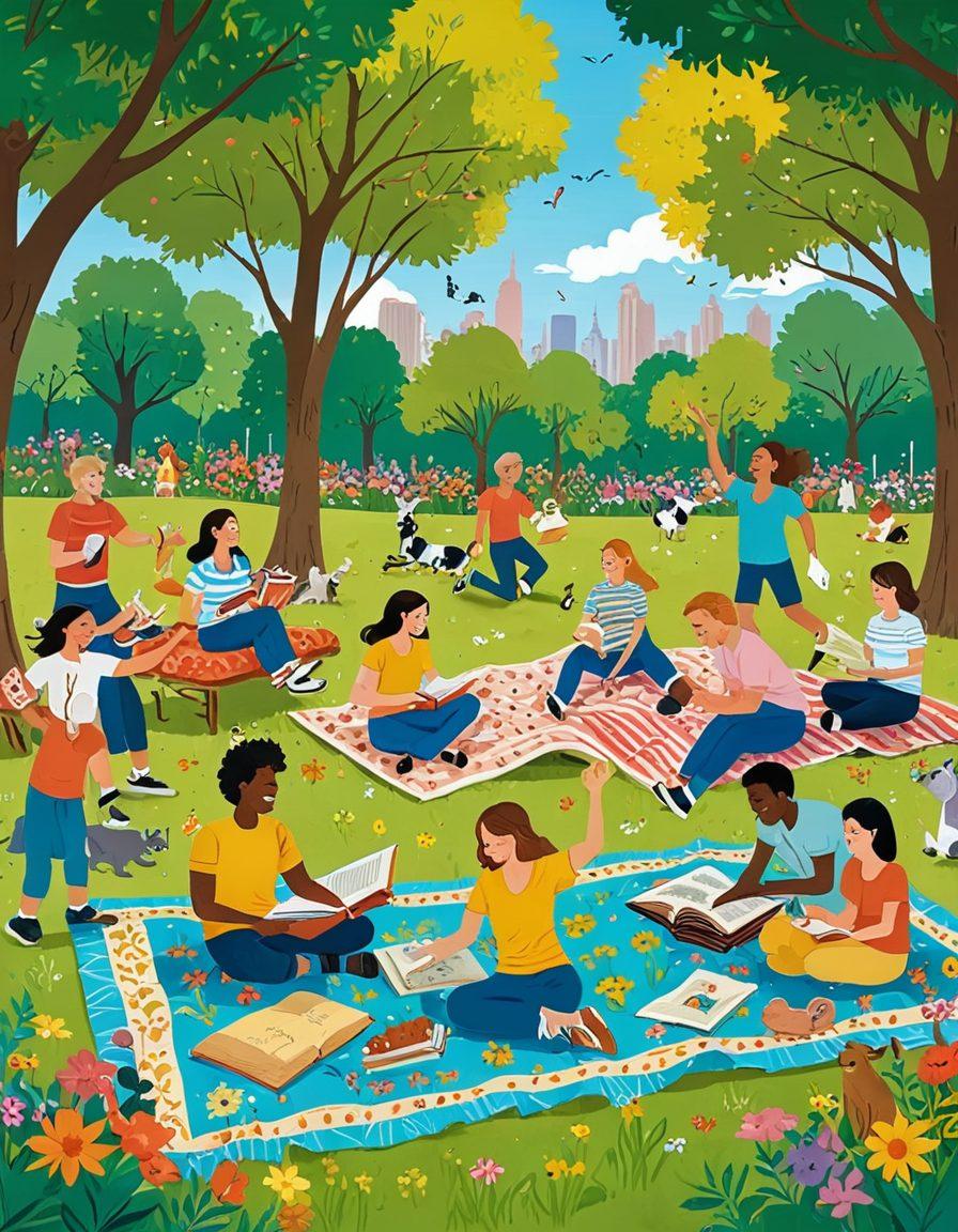 A whimsical scene depicting a group of diverse people laughing together in a sunny park, surrounded by colorful flowers and playful animals. A giant book titled 'Unleashing Joy' sits open on a picnic blanket, with amusing illustrations leaping off its pages. Smiling faces, bright colors, and a lively atmosphere convey humor and happiness. cartoon style. vibrant colors. playful composition.